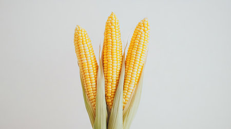 Fresh yellow corn with vivid kernels, standing upright against a white background for contrast.の素材