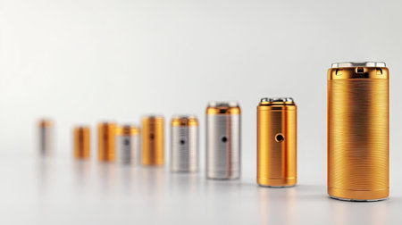 Line of alkaline batteries in various sizes, isolated on a white background.の素材