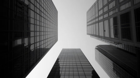 Glass skyscrapers towering against a clear sky, seen from below, emphasizing height and modern design detailsの素材