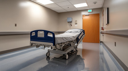 Hospital bed in a sterile hallway corner, with overhead lighting and polished, reflective flooring.の素材