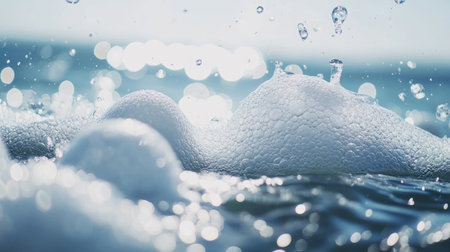 Layer of soap foam bubbles on water, showing the contrast between white bubbles and blue water. Bright, clean lookの素材