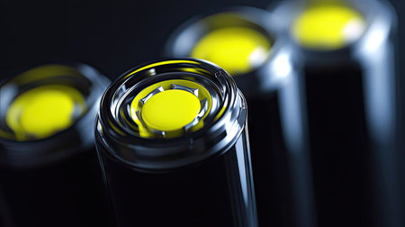High-resolution close-up of three alkaline batteries with focus on positive terminals.の素材