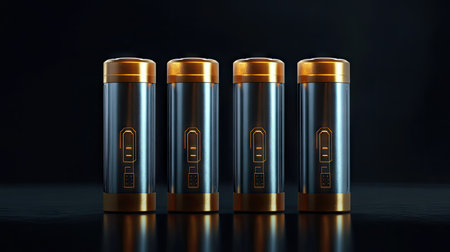 High-detail image of four alkaline batteries in a row, with emphasis on positive terminals.の素材