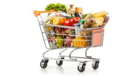 Fully loaded shopping cart with a mix of fresh and packaged groceries, isolated on a white background.の素材