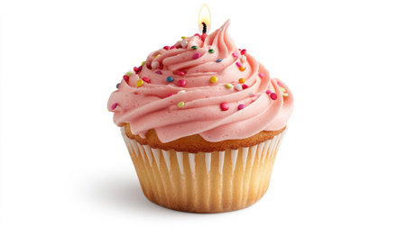 Fun cupcake with swirled pink frosting, a single lit candle, and confetti sprinkles on a white background.の素材