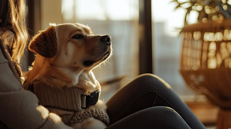 Friendly-looking dog wearing a soft muzzle, sitting beside a person in a relaxed pose.の素材