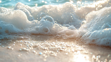 Layer of soft detergent foam bubbles covering blue water, with light shining through to highlight bubble texturesの素材