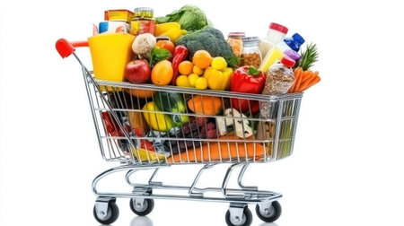 Full shopping cart with fresh and packaged foods, standing isolated on a white background for a clean display.の素材