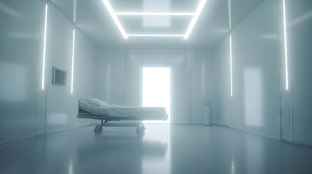 Hospital bed near an open door in a deserted hallway, with white walls and fluorescent lighting.の素材