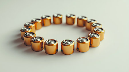 High-angle shot of alkaline batteries arranged in a circle, isolated on a white surface.の素材