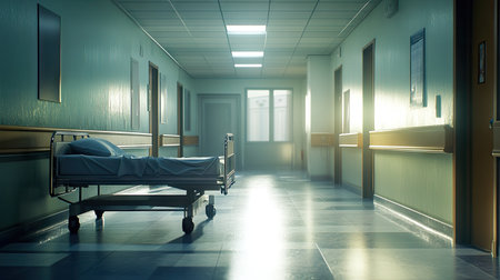 Hospital bed parked in a brightly lit, deserted hallway, capturing the sterile hospital environment.の素材