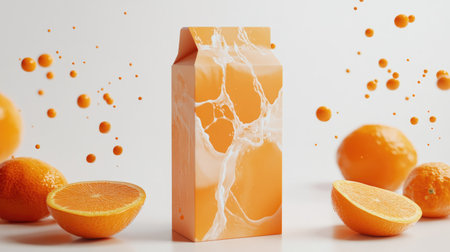 Juicy orange carton with a modern, bright design, featuring splash elements, isolated against a white backgroundの素材