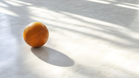 High-angle shot of a Sepak Takraw ball on a clean, white indoor court floor, emphasizing contrast.の素材