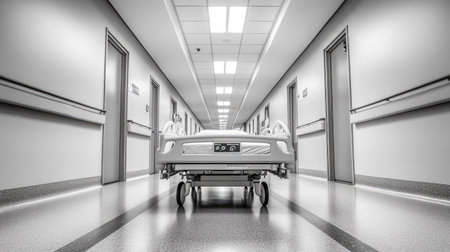 Hospital bed positioned in the center of a quiet corridor, with overhead lights casting shadows.の素材