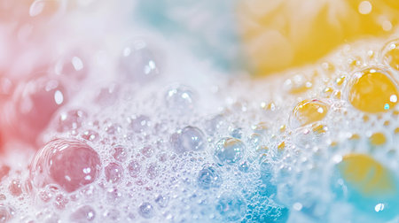 Macro view of detergent bubbles on water, highlighting the bubble texture and rainbow colors. Bright, fresh, and cleanの素材