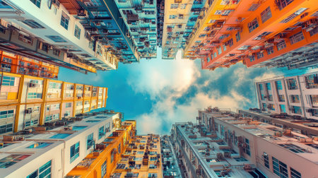 Low-angle shot of urban skyscrapers with sleek, glass facades, converging towards the sky in symmetryの素材