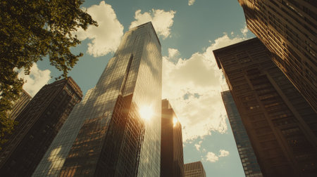 Looking up at a cluster of tall skyscrapers against the sky, with sunlight reflecting off glass facadesの素材