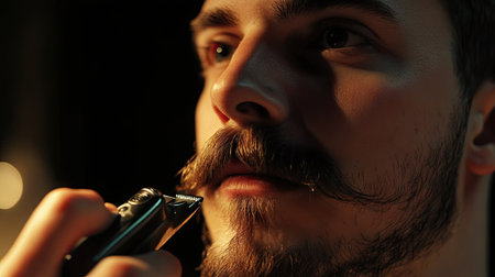 Man trimming his mustache with an electric shaver, close-up view capturing the focused precision.の素材