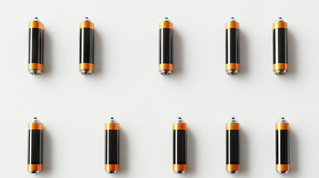 Multiple alkaline batteries arranged in a line on a white background, representing energy storage.の素材