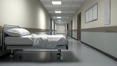 Hospital bed with neatly folded sheets positioned against a wall in a silent, empty corridor.の素材