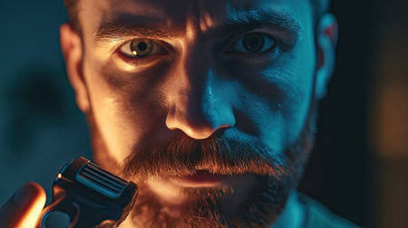 Man holding an electric trimmer near his mustache, close-up of the device's head cutting hair precisely.の素材