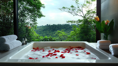 Modern bathtub with frothy bubbles and rose petals, placed by a window with a scenic outdoor viewの素材