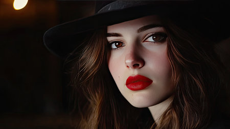 Mysterious young woman in black hat, red lips drawing attention in a stylish and dark setting.の素材
