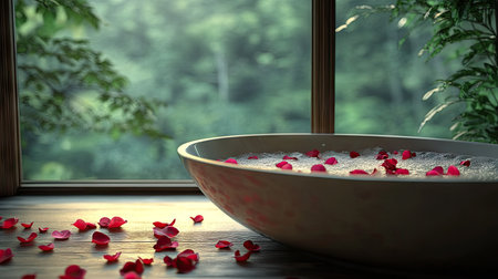Modern bathtub with frothy bubbles and rose petals, placed by a window with a scenic outdoor viewの素材