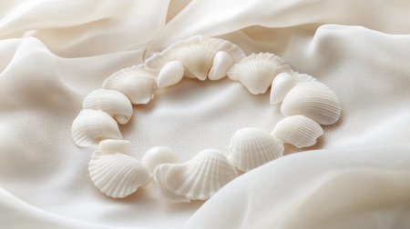Intricately designed shell necklace with white shells, displayed on light fabric for a refined, beachy vibeの素材