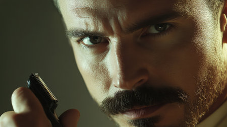 Man holding an electric trimmer near his mustache, close-up of the device's head cutting hair precisely.の素材