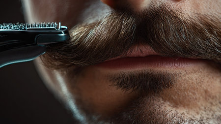 Man using an electric shaver to style his mustache, with a focus on the shaver's motion along the upper lip.の素材