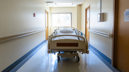 Hospital bed near an open door in a deserted hallway, with white walls and fluorescent lighting.の素材