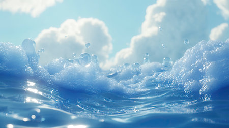 Layer of soft detergent foam bubbles covering blue water, with light shining through to highlight bubble texturesの素材