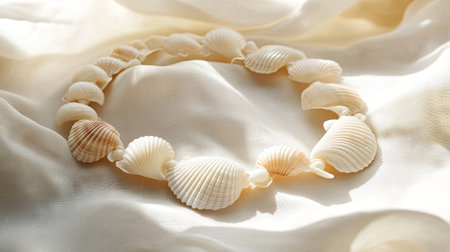 Intricately designed shell necklace with white shells, displayed on light fabric for a refined, beachy vibeの素材