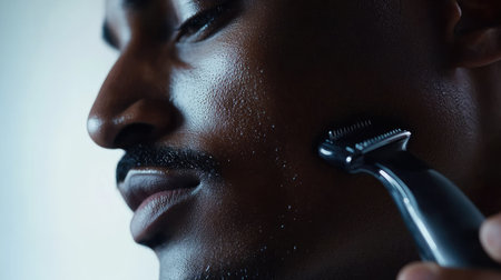 Man using electric shaver for mustache grooming, close-up view emphasizing precision and evenness.の素材