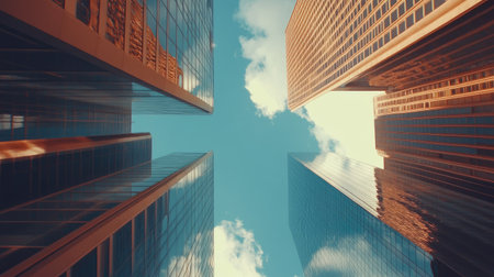 Looking up at tall skyscrapers with mirrored glass facades against a bright blue sky, capturing height and eleganceの素材