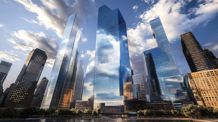 Low-angle view of futuristic skyscrapers in a cityscape, with reflective glass surfaces under a partly cloudy skyの素材