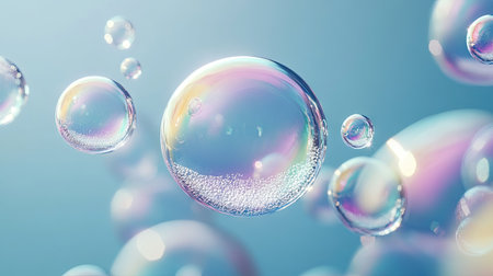 Layered bubbles from detergent on a blue background, creating texture and shine. Clean composition with natural lightingの素材