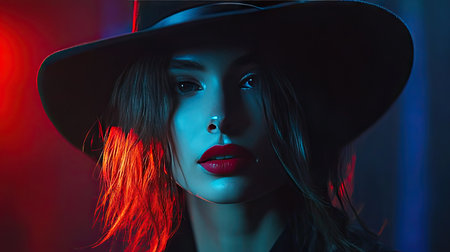 Mysterious young woman in black hat, red lips drawing attention in a stylish and dark setting.の素材