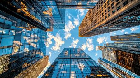 Low-angle view of futuristic skyscrapers in a cityscape, with reflective glass surfaces under a partly cloudy skyの素材