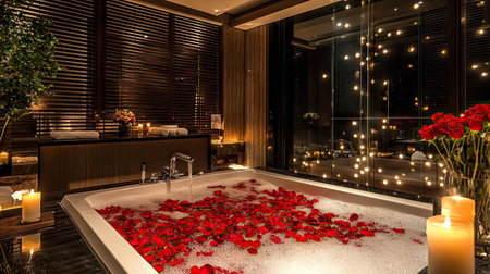 Luxurious bathtub overflowing with bubbles and red rose petals, surrounded by modern decor and candlelightの素材