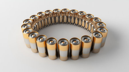 Multiple batteries arranged in a circular shape, isolated on a white background.の素材