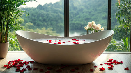 Modern bathtub with frothy bubbles and rose petals, placed by a window with a scenic outdoor viewの素材