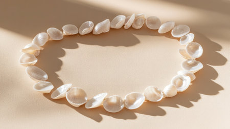 Necklace made of small white shells, displayed against a beige background, evoking beachy and boho vibesの素材