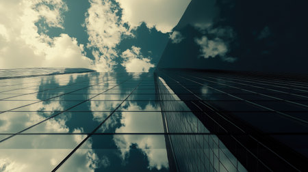 Modern skyscrapers from a low angle, reaching toward the sky with reflections of clouds on their glass surfacesの素材