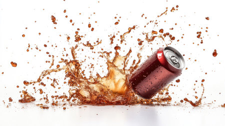 A creative shot of cola splashing in all directions from a tipped-over can, isolated on white.の素材