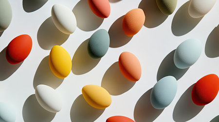 A collection of egg-shaped makeup sponges in various colors, scattered on a white surface.の素材