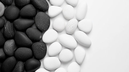 A minimalist composition of sea pebbles in black and white tones, creating a high-contrast background.の素材