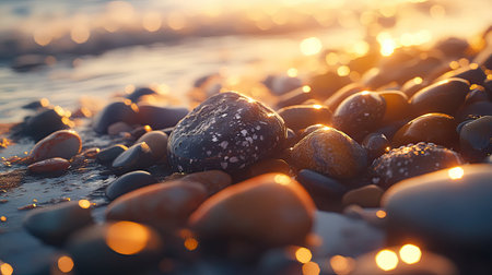 A close-up of smooth sea pebbles in various shapes and colors, glistening under sunlight on a wet beach.の素材