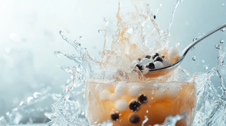 A creative composition of iced bubble tea, tapioca pearls in a spoon, and an artistic splash effect.の素材